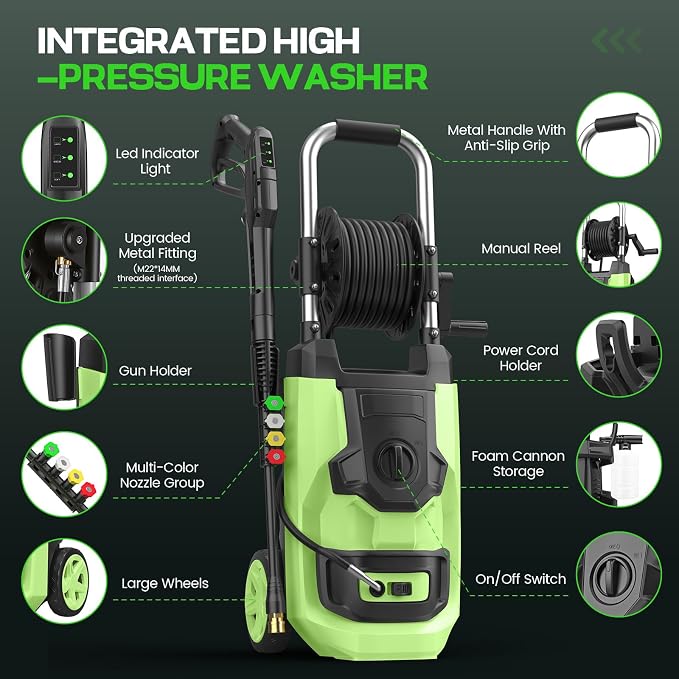 2026 New Pressure Washer 5000 PSI with 3 Levels Adjustable Pressure Gun, Portable Pull-Handle, 4 Nozzles and Foam Cannon, Heavy Duty Power Washer for Home/Car/Fence/Garden, Green