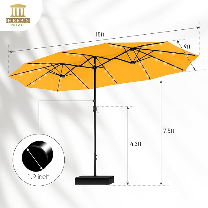 HERA'S PALACE 15ft Patio Umbrella with Base Included Double Sided Outdoor Umbrella for Patio Table Umbrella Outdoor 36 LED Solar Lights for Garden