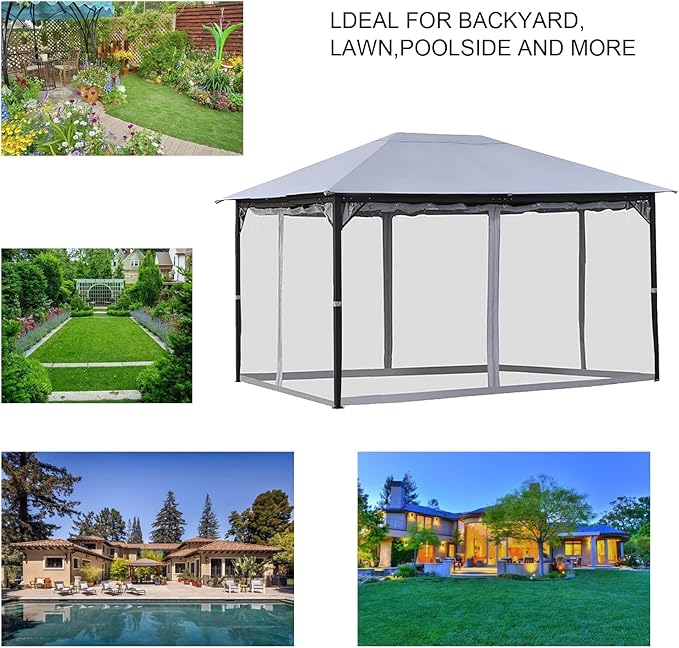 10' x 12' Gazebo Universal Replacement Mosquito Netting,Grey Outdoor Canopy Net Screen 4-Panel Sidewall Curtain, with Zippers,Mosquito Netting（Only）