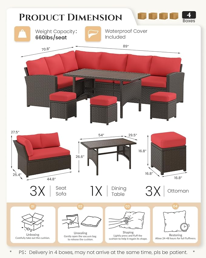 U-MAX 7 Pieces Patio Furniture Set with Waterproof Cover, Outdoor Sectional Sofa Conversation Set, All Weather Wicker Rattan Dining Table & Chair with Ottoman, Brown Rattan&Red Cushion