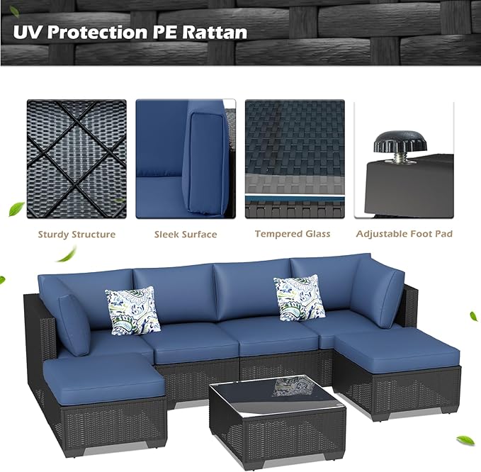 U-MAX 7 Piece Outdoor Patio Furniture Set with 30 Inch Fire Pit Table, PE Rattan Wicker Sofa Set, Outdoor Sectional Furniture Chair Set with Cushions and Tea Table, Black Rattan&Dark Blue Cushion