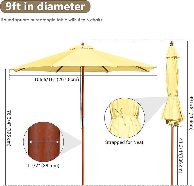9 Ft Wooden Patio Umbrella 8 Ribs Table Parasol Rope Pulley Outdoor Garden Yard