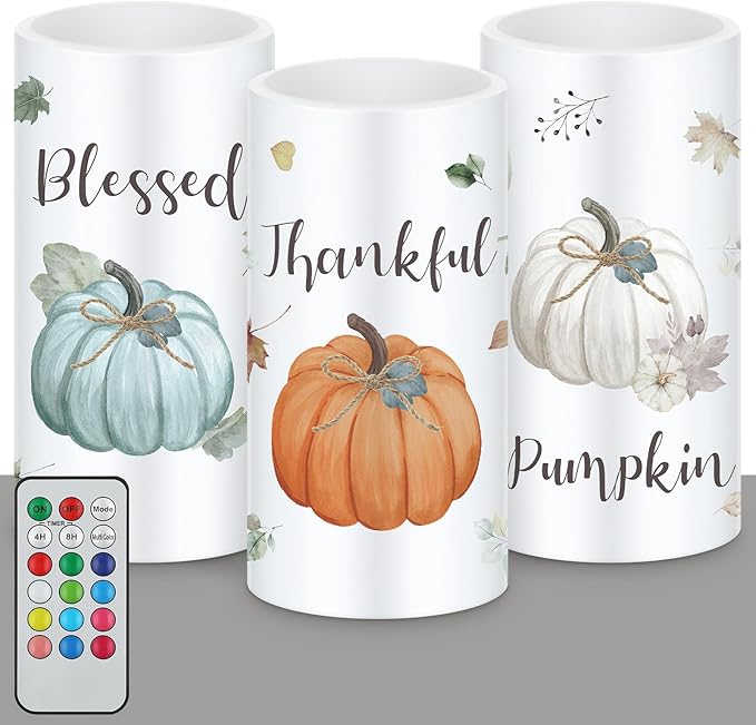 Retisee 3 Pcs Farmhouse Thanksgiving Flameless LED Candles Thanksgiving Battery Operated Candles with Remote Control Thankful Blessed Pumpkin Decor for Table Centerpiece Bedroom Harvest Decorations