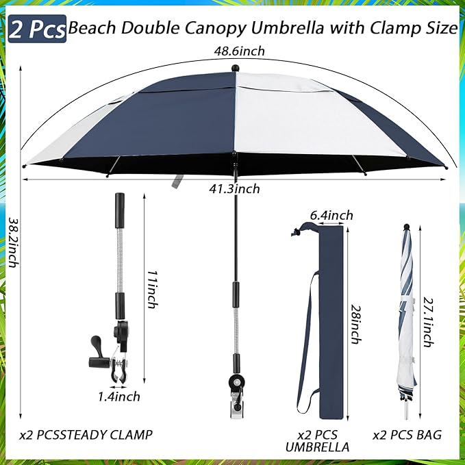 Abbylike 2 Pack 48.6" Double Canopy Umbrella with Clamp UPF50+ Beach Chair Umbrella with Clip 360°adjustable Portable Outdoor Wheelchair Patio Golf Carts Camping
