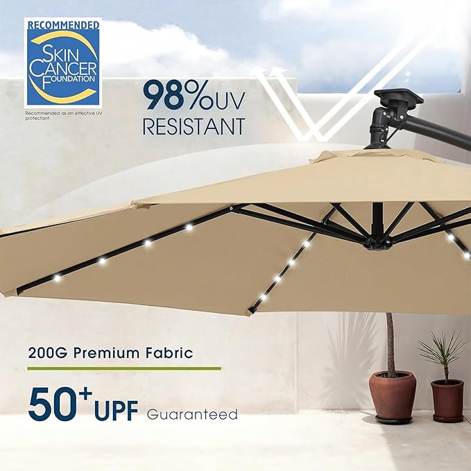 wikiwiki 10ft Solar LED Offset Patio Umbrella, Outdoor Cantilever Patio Umbrellas with Solor Lights for Backyard, Poolside and Garden, Easy Tilt Adjustment, 32 LED Lights & Polyester Shade, Tan