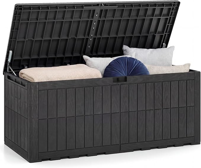 HAPPYGRILL 180 Gal Outdoor Deck Box, Lockable Storage Bin with Lid and Handles, Waterproof and Sun-Protective Patio Bench and Storage Box for Garden Tools Pool Supplies (Black, 180Gallon)