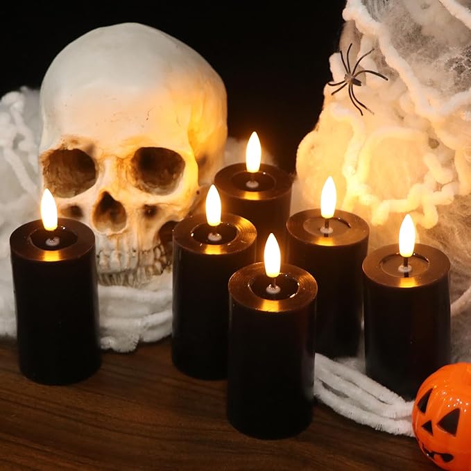 Halloween Decorations Mirror Surface Candles with Remote Timer, Battery Operated 6pcs Real Wax LED Votive Candle Realistic Flickering for for Halloween Decor Lantern Φ 2" H 4.5” Black