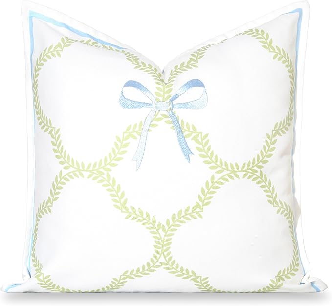 Hofdeco Premium Coastal Grandmillennial Patio Indoor Outdoor Throw Pillow Cover Only, 20"x20" Water Repellent for Backyard, Couch, Poolside, Grass Green Embroidered Ribbon Bow Tie on Leaves