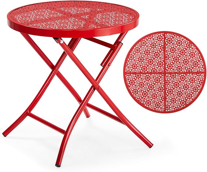 VINGLI Outdoor Folding Side Table with Chic Hollow Pattern and Durable, Rust-Resistant Coated Iron Patio Bistro Table Suitable for Indoor & Outdoor Porch, Deck, Balcony and Pool,Red