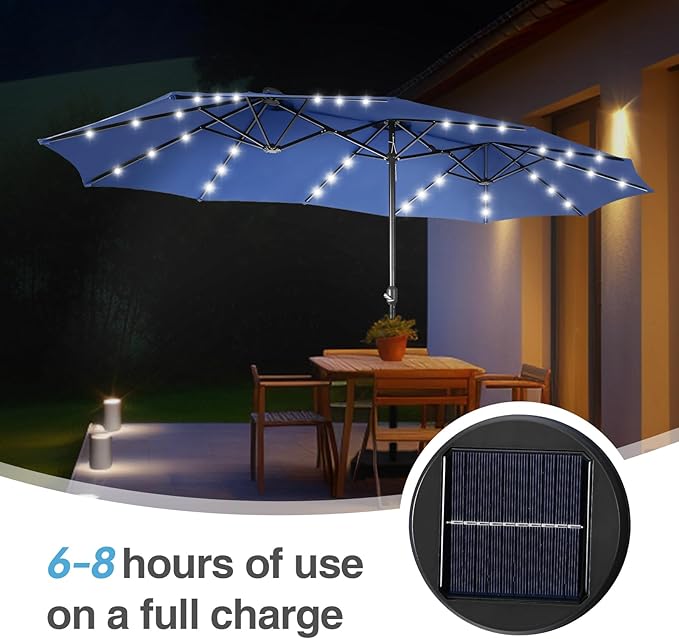 GREEN PARTY 15 ft Large Outdoor Patio Umbrella with Solar Led Lights & Base Included, Double-Sided Rectangular Table Umbrella with Stand, Market Umbrellas for Deck Poolside Garden Backyard, Haze Blue