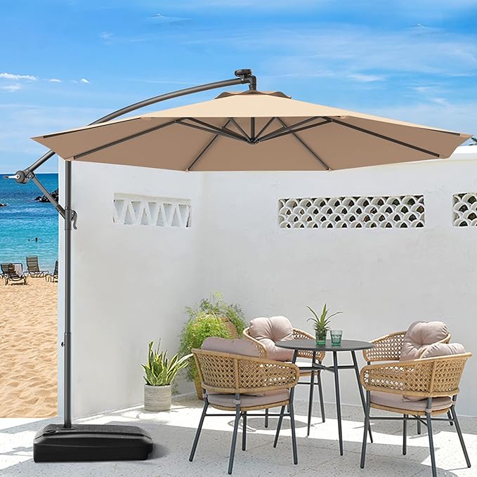 Giantex 10ft Offset Patio Umbrella, Beige, Outdoor Hanging Market Umbrella with Crank & Cross Base, Easy Tilt Adjustment, 96% Sunlight Protection