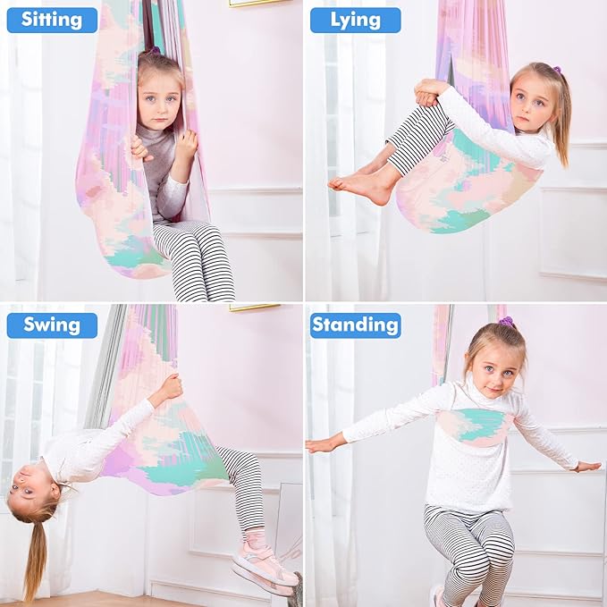 Therapy Swing Hammock Kids Cuddle Sensory Swing Indoor Therapeutic Hammock 360° Rotating Double Layer Elastic Rocking Cloth Swing Gifts for Children with ADHD SPD Asperger Autism (Rainbow+Grey)