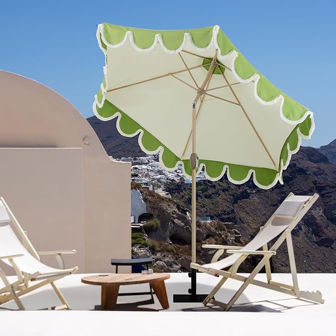 Tempera 9ft Scalloped Patio Umbrellas with Fringe, Market Umbrellas with Water-Resistant and Fade Resistant Canopy, 1.5" Wood Pole & Button Tilt,Green Beige Spliced