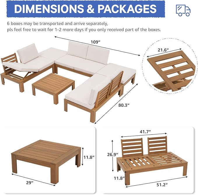 SUNSITT 6 Piece Acacia Wood Patio Furniture Outdoor Sectional Sofa Set with Adjustable Armrest, FSC Certified L-Shaped Patio Set w/2-in-1 Coffee Table, Cream White Cushions for Garden