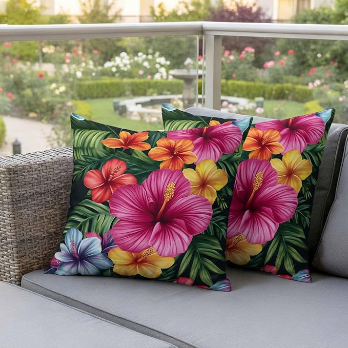 Hibiscus Flower Pink Floral Waterproof Pillow Covers Set of 2,Country Watercolor Green Leaves Outdoor Pillow Protectors with Zipper Pillowcases for Patio Tent Garden Beach 26x26 Inches