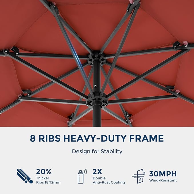 HOMSHADE 9FT 3-Tier Solar Patio Umbrella Heavy Duty, Vented Market Table Umbrella Windproof w/32 LED Lights, UPF50+, 5-year Fade Resistant, for Pool, Lawn, Garden, Deck (Neon Orange,No Base)