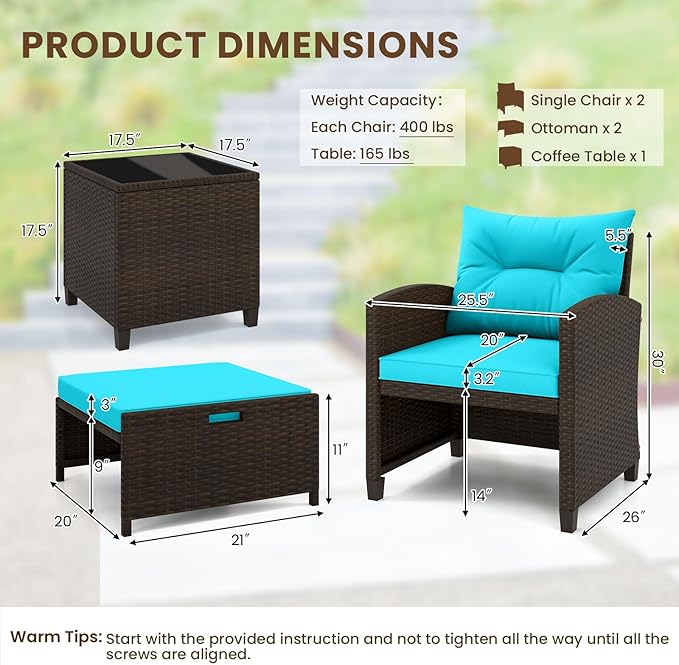 ORALNER 5 Pieces Patio Furniture Set with Ottoman, Wicker Conversation Set w/Cushions, Glass Coffee Table, Outdoor Rattan Lounger Chairs Bistro Set for Porch Balcony Garden Deck Poolside (Turquoise)