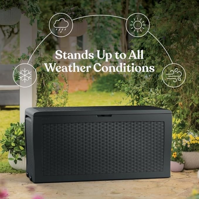 Large Resin Deck Box, 70 Gal Outdoor Storage, Rattan Style, Lockable with Wheels, (Grey, 46" L x 22.4" W x 17.7" H)