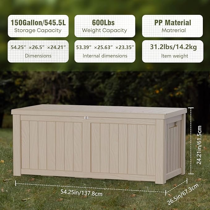 150 Gallon Outdoor Storage Box Waterproof, Lockable Resin Deck Box Large Storage Bin for Patio Furniture Cushion, Garden Tools, Pool Accessories, UV-Resistant Outside Delivery, Slate Gray