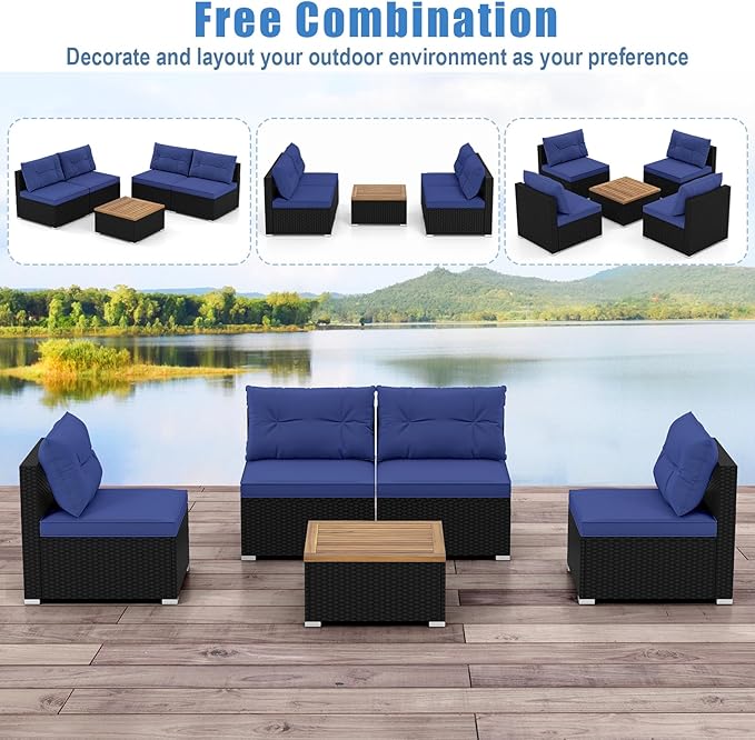 HAPPYGRILL 5 Pieces Patio Rattan Sofa Set, Outdoor Furniture Set with Seat & Back Cushions, Square Coffee Table with Acacia Wood Tabletop, Wicker Patio Conversation Set, Navy