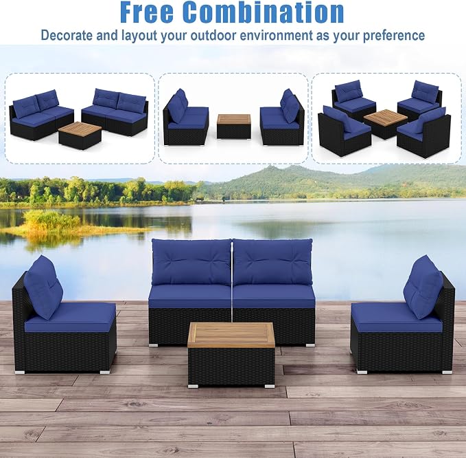 RELAX4LIFE 5-Piece Wicker Outdoor Furniture - PE Rattan Sectional Conversation Set w/4 Armless Sofas & Acacia Wood Coffee Table, Cushioned Patio Sofa Set for Garden Poolside Backyard Porch (Navy)