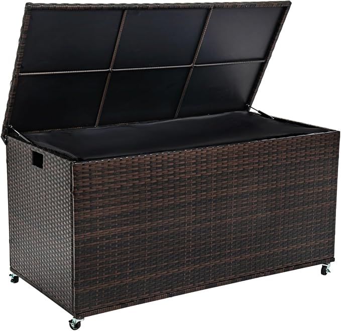 Outdoor 170 Gallon Water-Resistant Wicker Storage Box with Wheels, PE Rattan Deck Box with Waterproof Liner for Outside, Patio Storage Container with Hinged Lid, Horizontal Bin, Brown