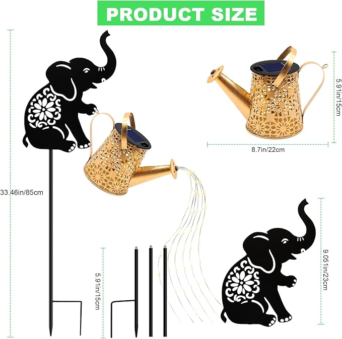 VOOKRY Solar Watering Can Lights Outdoor with Elephant Silhouette Stake, Garden Gifts for Mom, Women & Garden Lovers Waterproof Metal Garden Lantern, Decorative Yard Patio Lawn Pathway Decor(1 Pack)