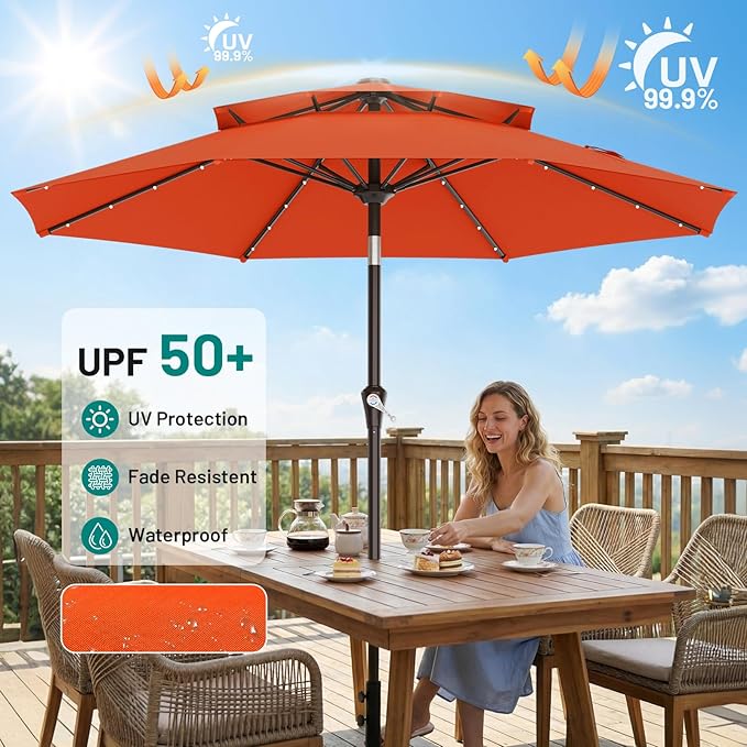AreShark 9ft 2 Tiers Patio Umbrella with Solar Lights, Outdoor Umbrella w/ 32 LED Lights&8 Sturdy Ribs, Table Umbrella for Deck, Backyard, Pool(Orange)