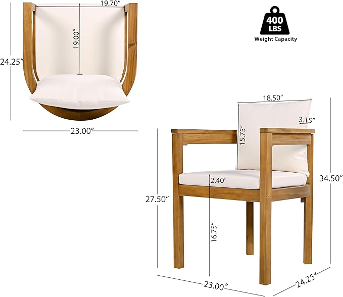 Christopher Knight Home Abact Acacia Wood Patio Dining Set for 4, Solid Wood Outdoor Dining Table Set for 4, Round Dining Table and Chairs Set of 4 with Cushion, Teak+Beige