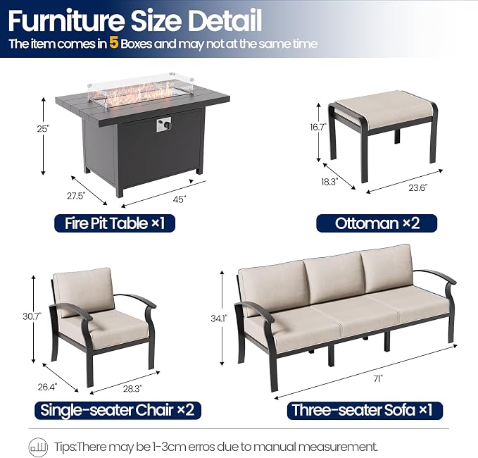 Aluminum Patio Furniture Set with Fire Pit Table, 7 Seats Outdoor Patio Conversation Sets with Ottomans, Modern Metal Patio Sectional Sofa with Upgrade Cushions for Patio, Backyard, Deck - Sand