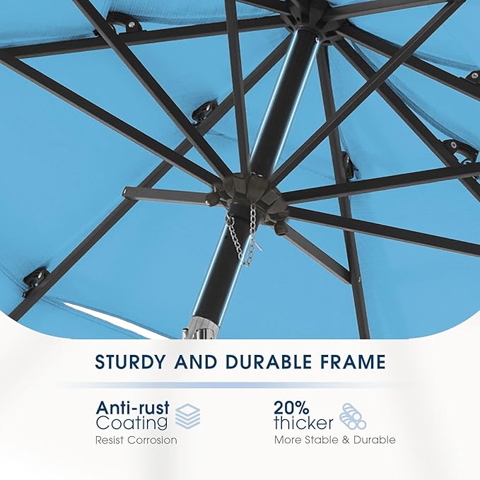 wikiwiki 9ft 3-Tier Patio Umbrella Outdoor Table Market Umbrella for Patio with Push Button Tilt/Crank, Fade Resistant Waterproof POLYESTER Canopy for Garden, Lawn, Deck, Backyard & Pool, Sky Blue