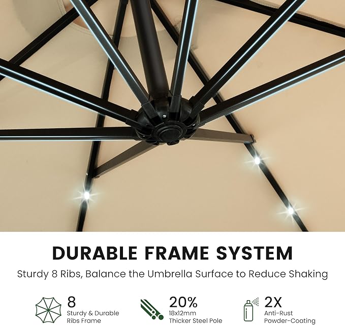 OLILAWN 10 feet Solar LED Patio Umbrella with Base, 32 LED Lighted Outdoor Offset Cantilever Umbrella with Sturdy 8 Rids, Infinite Tilt, 360 Degree Rotation, for Pool Deck Porch Backyard Garden, Isabelline