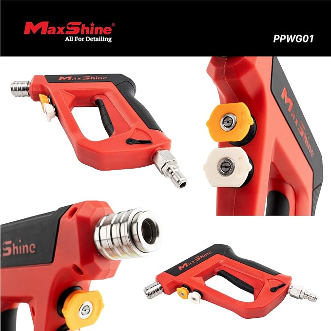 Maxshine Short Pressure Washer Gun Pro – 5000PSI Power Washer Gun with Auto Lock 1/4” Quick Connect, Includes 2 Nozzles with Storage – Stainless Steel Build, Dual Safety Lock, 360° Swivel