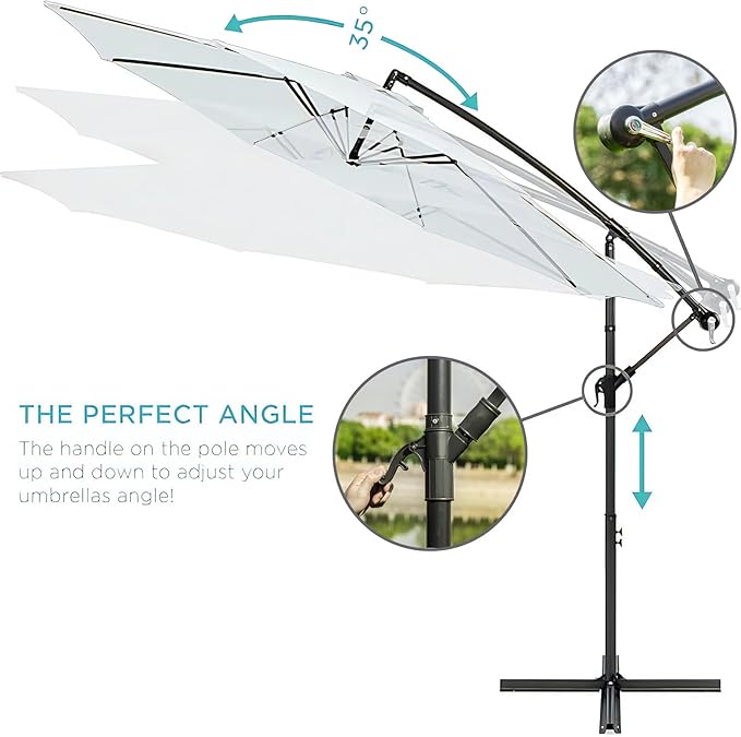 10ft Offset Hanging Market Patio Umbrella w/Cross Base, Outdoor Large Round Aluminum Cantilever Umbrella w/Easy Tilt Adjustment, Fade Resistant Waterproof 8 Ribs Canopy, for Yard, Garden & Dec