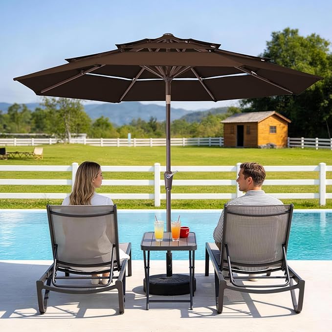 JEAREY 9FT 3 Tier Patio Umbrella Outdoor Market Umbrella Table Umbrellas with 8 Ribs 1.5 Pole Push Button Tilt and Crank UV Protection for Garden,Brown