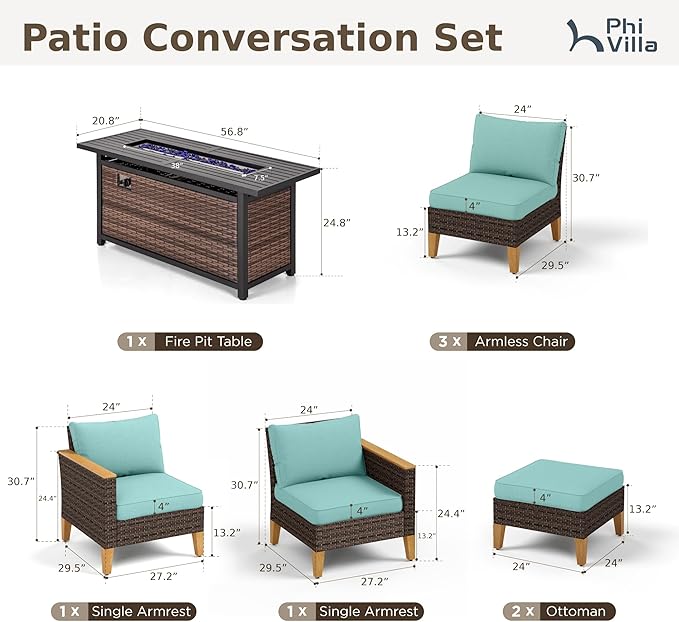 PHI VILLA Outdoor Wicker Patio Furniture Set with 56" Fire Pit Table, 8-Piece Oversized Sectional Rattan Sofa Backyard Poolside Set for 7 Seats with Cushioned, Blue