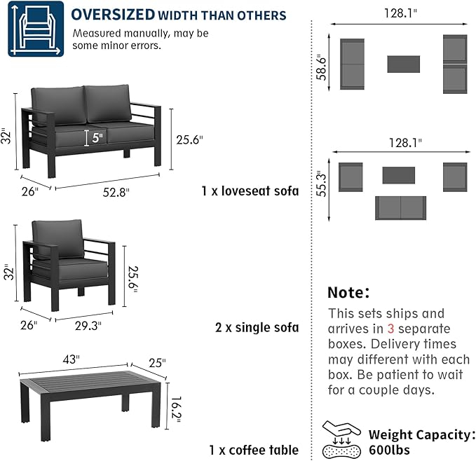 UDPATIO Patio Furniture Set Oversized Aluminum Outdoor Furniture Modern Patio Set, Thickness 5" Cushion Outdoor Seating Set for Balcony(Include Sofa Cover)