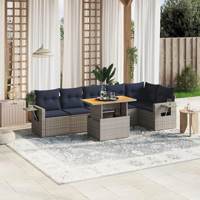 vidaXL Patio Sofa Set with Cushions 7 Piece, Outdoor Sectional Sofa Couch, Patio Conversation Set for Garden Backyard, Gray Poly Rattan