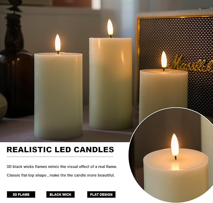 Flickering Flameless Candles, Real Wax Battery Operated Candles with Remote, Flat Top Led Flameless Pillar Candles for Home, Wedding, Party Decor, Set of 3, Φ 3" H 4" 5" 6", Ivory