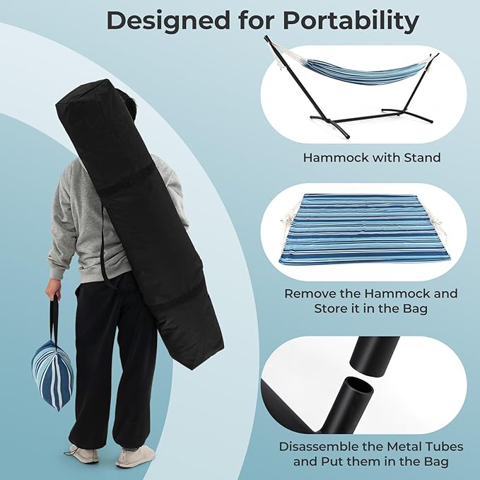 Giantex Hammock with Stand for Outside, 2-Person Double Hammock with Space Saving Metal Stand, Carrying Cases, Brazilian-Style Portable Hammock for Patio Garden Camping Lounging Outdoor & Indoor, Blue