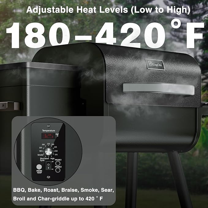 KingChii Electric Wood Pellet Grill & Smoker with Side Shelf, 456 SQ.IN Grill Capacity, 18LB Hopper, with PID Temperature Control (180-425°F) for Backyard Camping Bake and Roast, Black