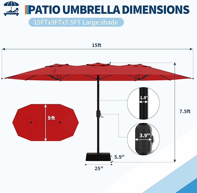 Double-Sided Patio Market Umbrella, 15Ft Large Outdoor Umbrella with Base Included, Double-Topped Outdoor Umbrellas for Poolside Lawn Backyard