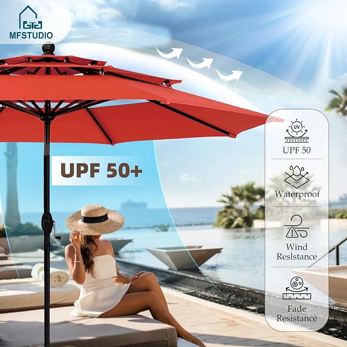 MFSTUDIO Patio Dining Set for 4, Outdoor Furniture Set with Orange Red Umbrella (Base not Included), 42" Round Table and 4 Swivel Chairs for Patio, Deck, Backyard, Garden