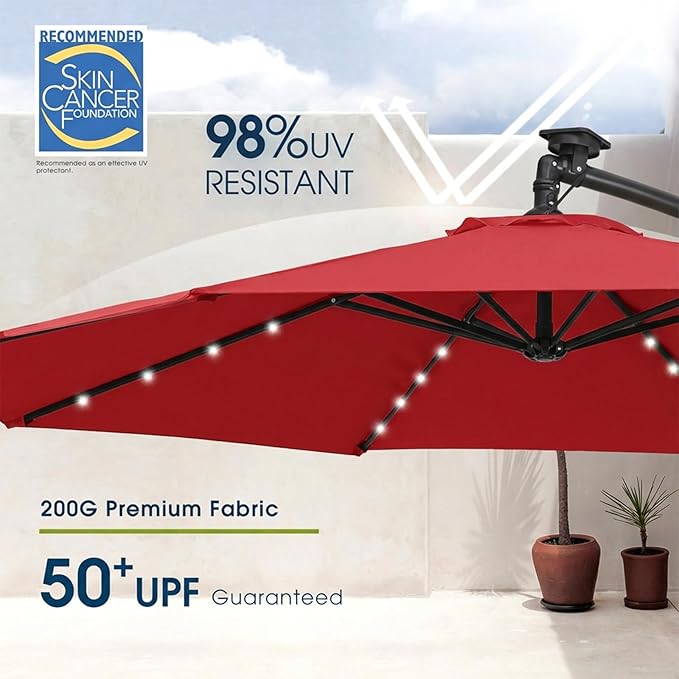 wikiwiki 10ft Solar LED Offset Patio Umbrella, Outdoor Cantilever Patio Umbrellas with Solor Lights for Backyard, Poolside and Garden, Easy Tilt Adjustment, Polyester Shade, Bright Red