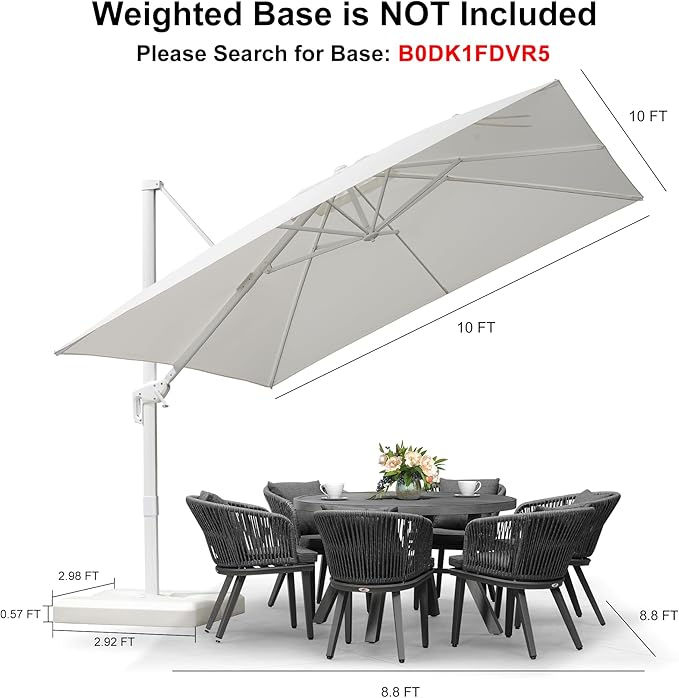 PURPLE LEAF 10 FT Patio Umbrella Outdoor White Cantilever Umbrella Aluminum Square Outdoor Offset Umbrella Hanging Windproof with 360° Rotation for Garden Deck Pool, White