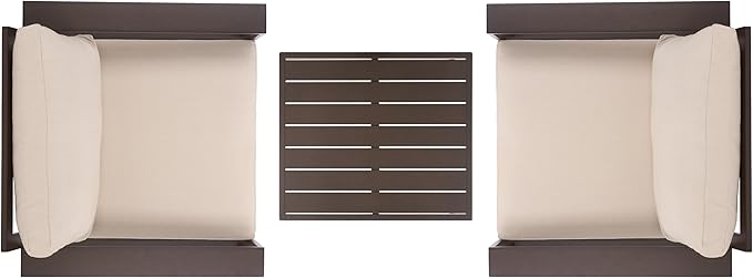 SAFAVIEH Outdoor Patio Furniture Collection – Fash Brown & Taupe Cushion 3-Piece Living Set, Modern Outdoor Chairs & Slatted Square Table (PAT7552B)