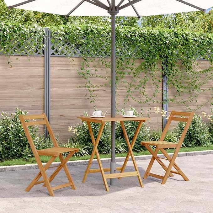 vidaXL Bistro Table, Folding Outdoor Side Table with Umbrella Hole, Patio Table for Porch Deck Backyard, Farmhouse Style, Solid Acacia Wood