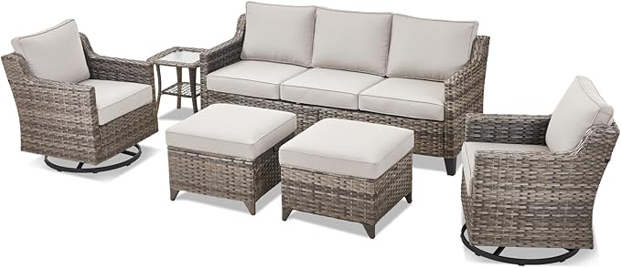 6 Piece Outdoor Patio Wicker Furniture Sets-High Back Outdoor Conversation Set Sectional Sofa with Wicker Swivel Rocker Patio Chairs,Thick Cushions Ottomans for Porch Balcony Patio Deck Grey/Beige