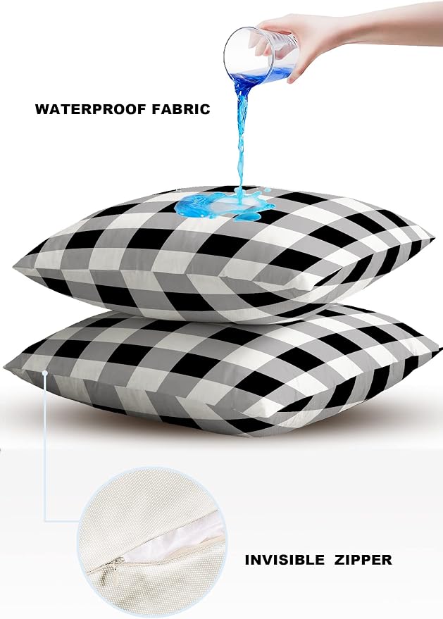 Outdoor Waterproof Pillow Covers for Patio Furniture Buffalo Check Decorative Throw Pillow Cover Black White Plaid Rustic Pillowcases Set of 2 Cushion Case for Sofa Couch Chair Home Decor 26 x 26 Inch