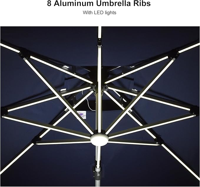 PURPLE LEAF 9' X 12' Solar Powered LED Rectangle Cantilever Umbrella With Base Patio Umbrellas Windproof Hanging Umbrellas Outdoor Umbrellas Offset Umbrella, Navy Blue